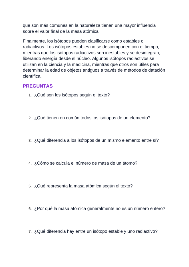 Isotopes & Atomic Mass Spanish Reading Passage & Comprehension Questions sample page