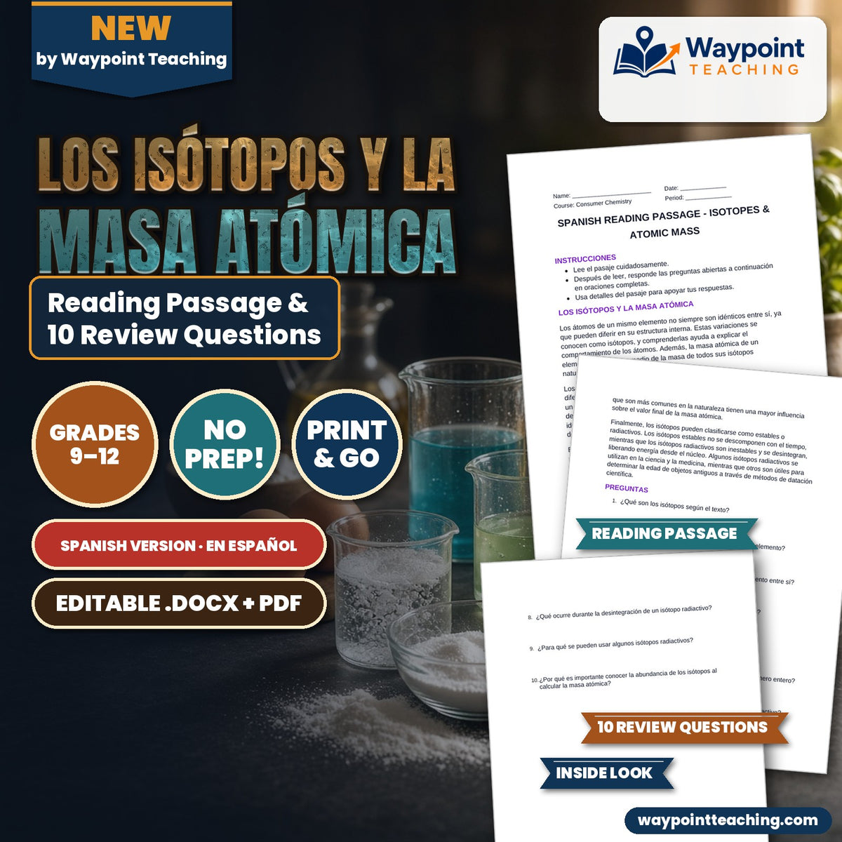 Isotopes & Atomic Mass Spanish Reading Passage & Comprehension Questions cover