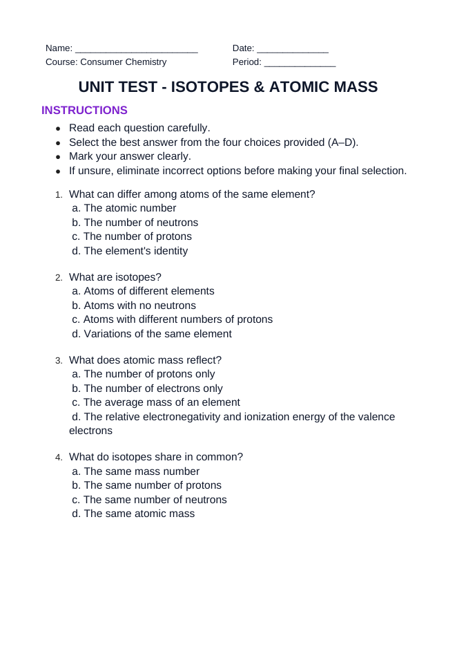 Isotopes & Atomic Mass Unit Test sample page