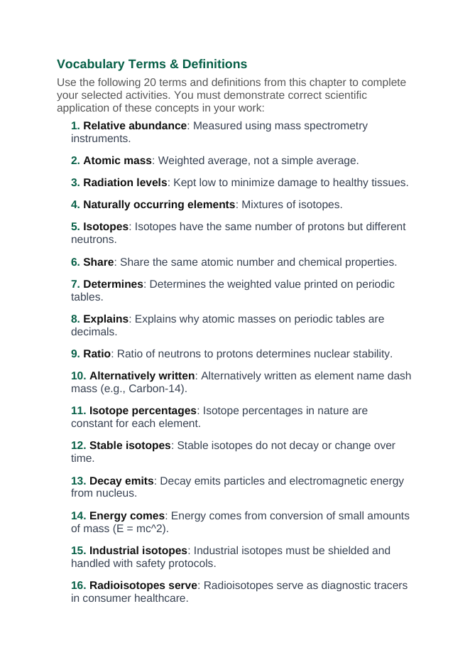 Isotopes & Atomic Mass Vocabulary Choice Board sample page