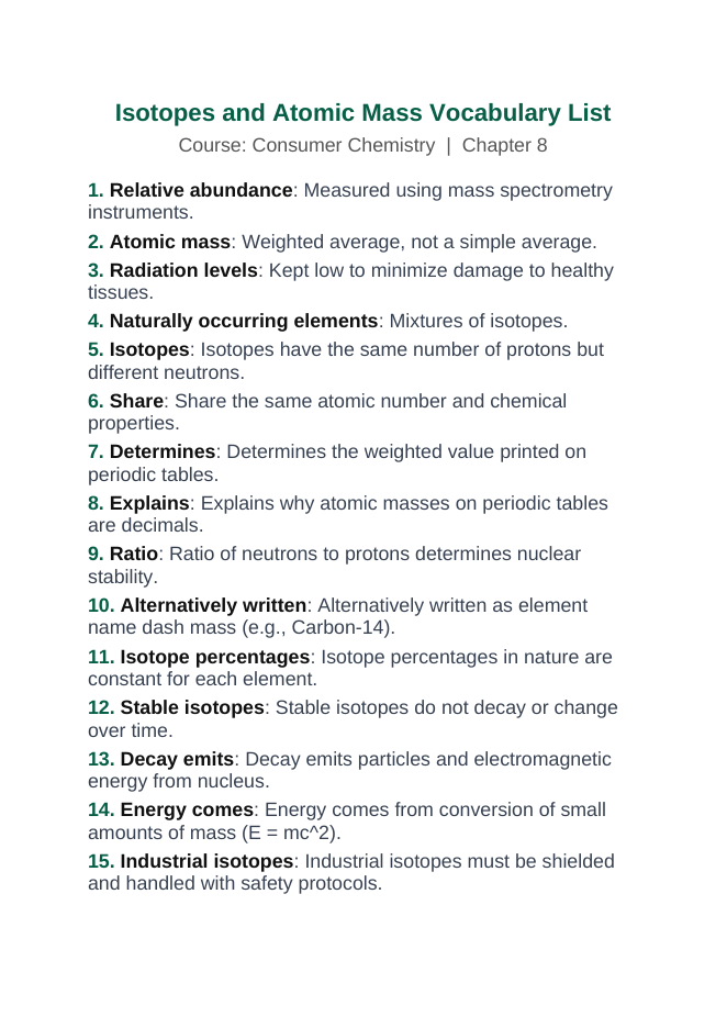 Isotopes & Atomic Mass Vocabulary Words & Definitions sample page