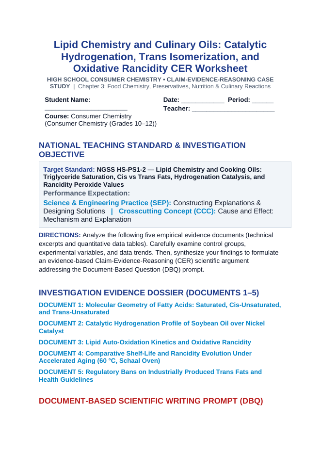 Lipid Chemistry and Culinary Oils: Catalytic Hydrogenation, Trans Isomerization, and Oxidative Rancidity CER Phenomena Worksheet sample page