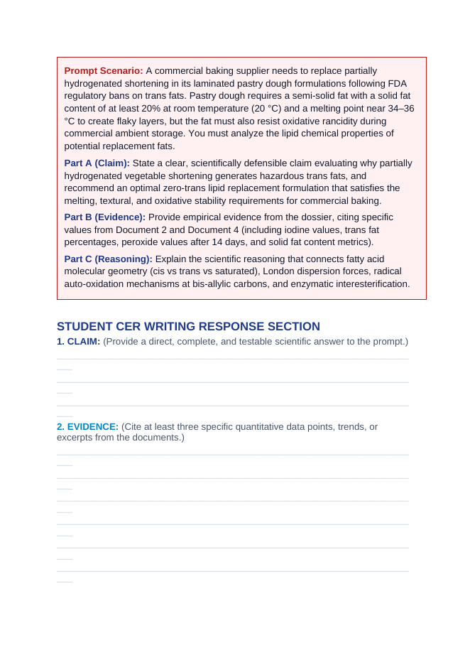 Lipid Chemistry and Culinary Oils: Catalytic Hydrogenation, Trans Isomerization, and Oxidative Rancidity CER Phenomena Worksheet sample page