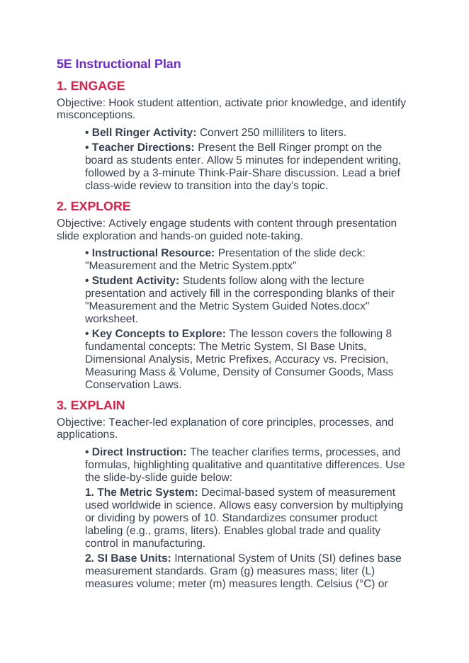 Measurement & the Metric System 5E Lesson Plan sample page