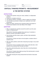 Measurement & the Metric System Critical Thinking Prompts sample page