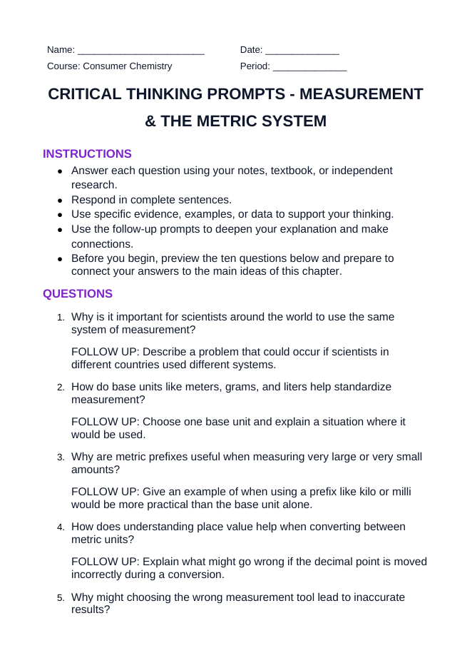 Measurement & the Metric System Critical Thinking Prompts sample page