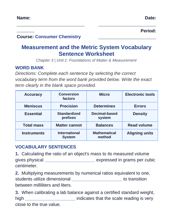 Measurement & the Metric System Fill-in-the-Blank Vocabulary Worksheet sample page