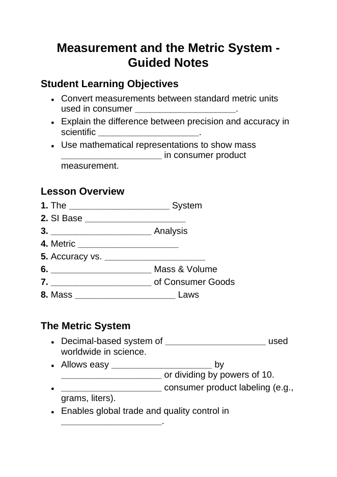 Measurement & the Metric System Guided Notes sample page