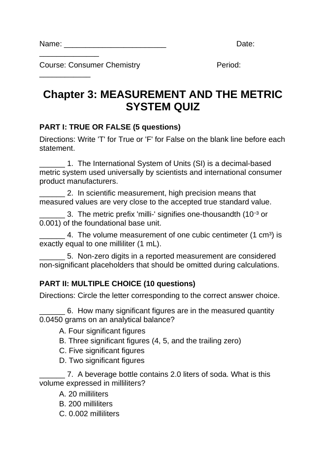 Measurement & the Metric System Lesson Quiz sample page