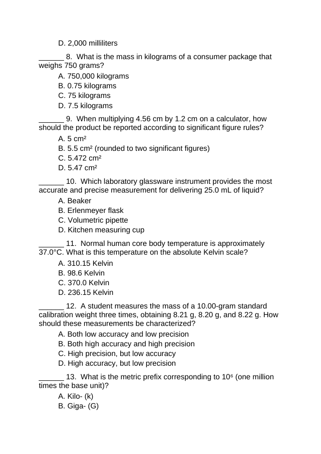 Measurement & the Metric System Lesson Quiz sample page