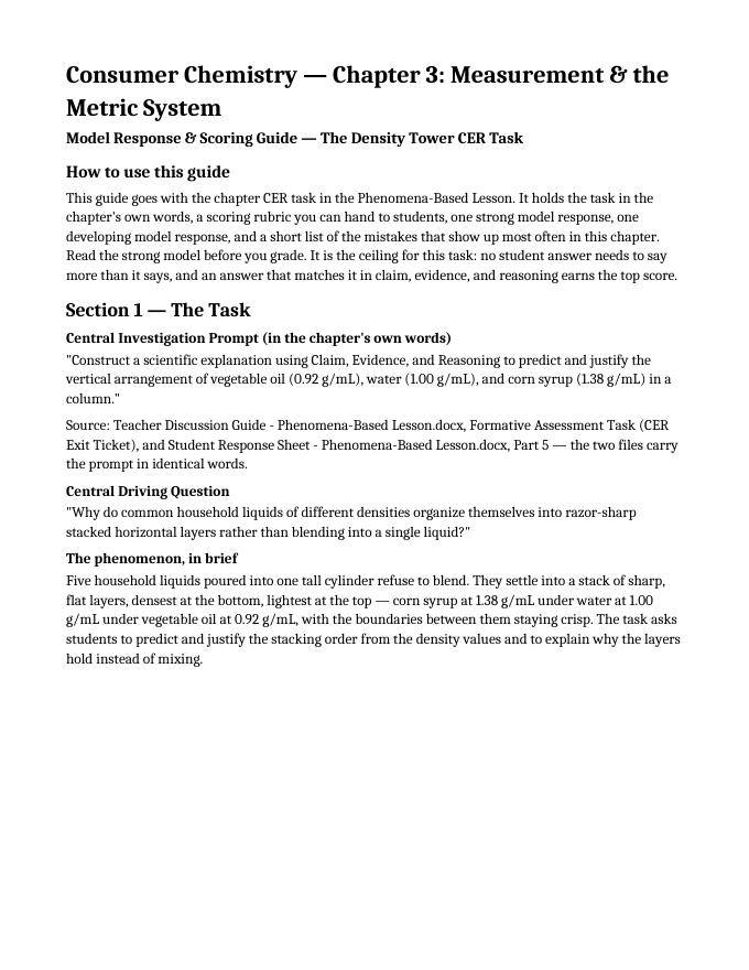 Measurement & the Metric System Model Response & Scoring Guide sample page