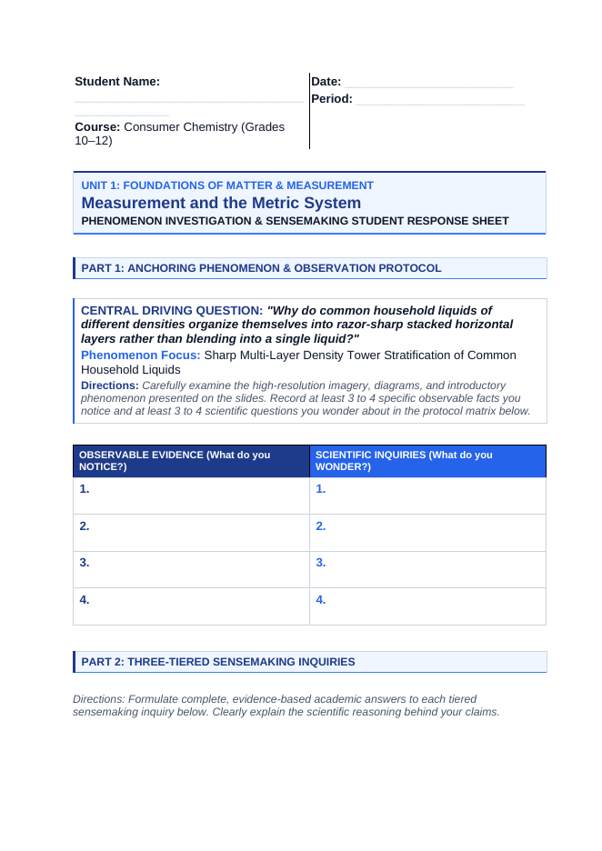 Measurement & the Metric System Phenomena-Based Lesson: Sharp Multi-Layer Density Tower Stratification of Common Household Liquids Student Response Sheet sample page