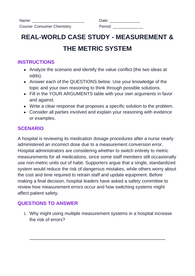 Measurement & the Metric System Real-World Case Study sample page