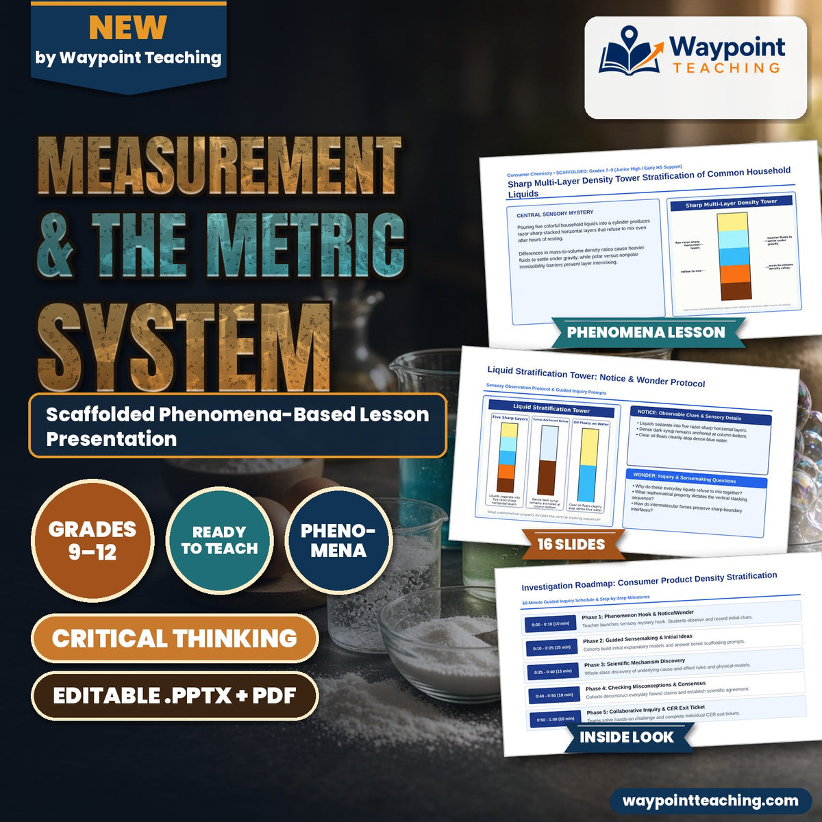Measurement & the Metric System Scaffolded Phenomena-Based Lesson: Sharp Multi-Layer Density Tower Stratification of Common Household Liquids Presentation cover