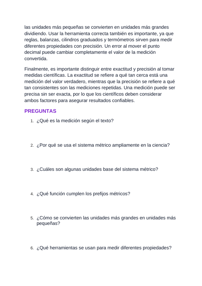 Measurement & the Metric System Spanish Reading Passage & Comprehension Questions sample page