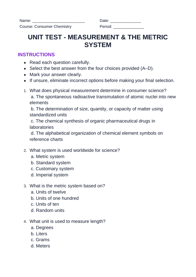 Measurement & the Metric System Unit Test sample page