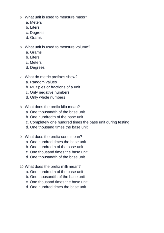 Measurement & the Metric System Unit Test sample page