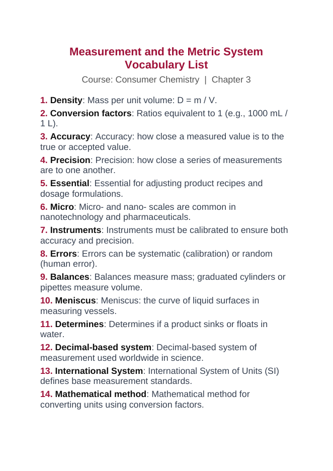 Measurement & the Metric System Vocabulary Words & Definitions sample page