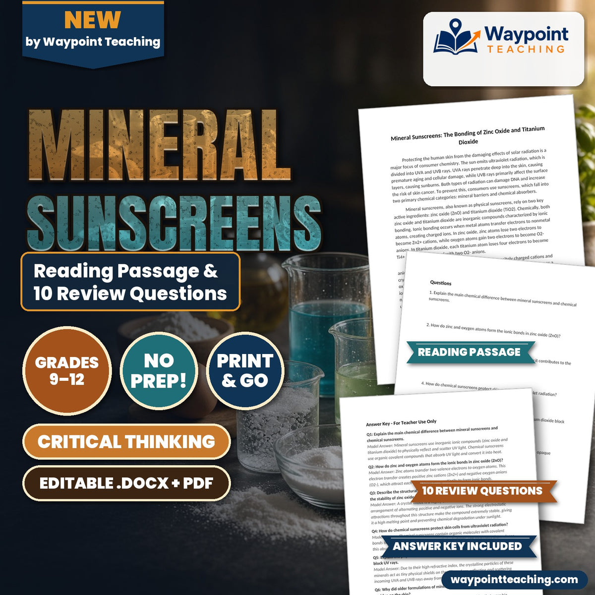 Mineral Sunscreens: The Bonding of Zinc Oxide and Titanium Dioxide Reading Worksheet cover