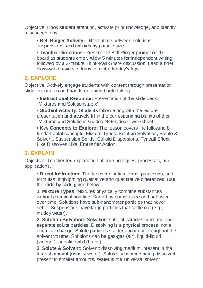 Mixtures & Solutions 5E Lesson Plan sample page