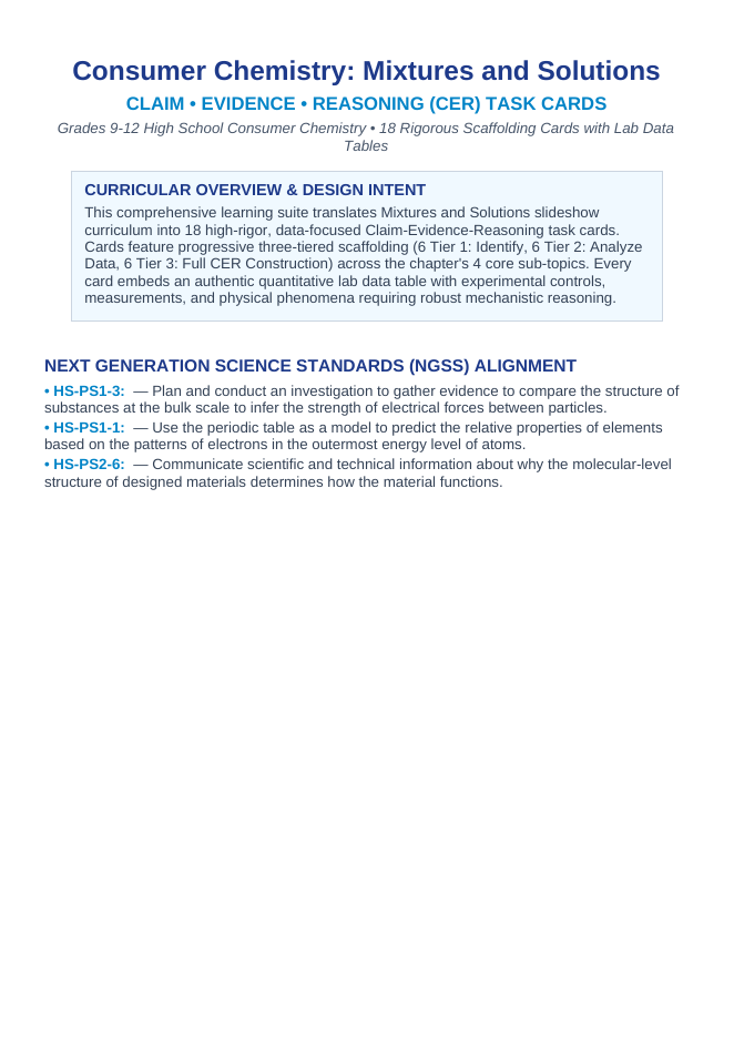 Mixtures & Solutions CER Task Cards sample page