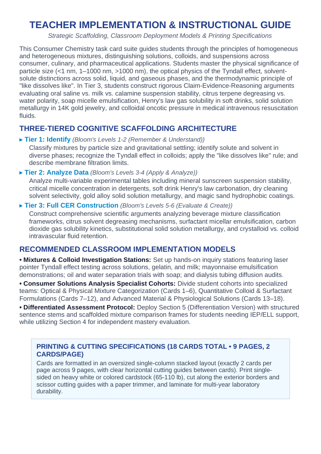 Mixtures & Solutions CER Task Cards sample page