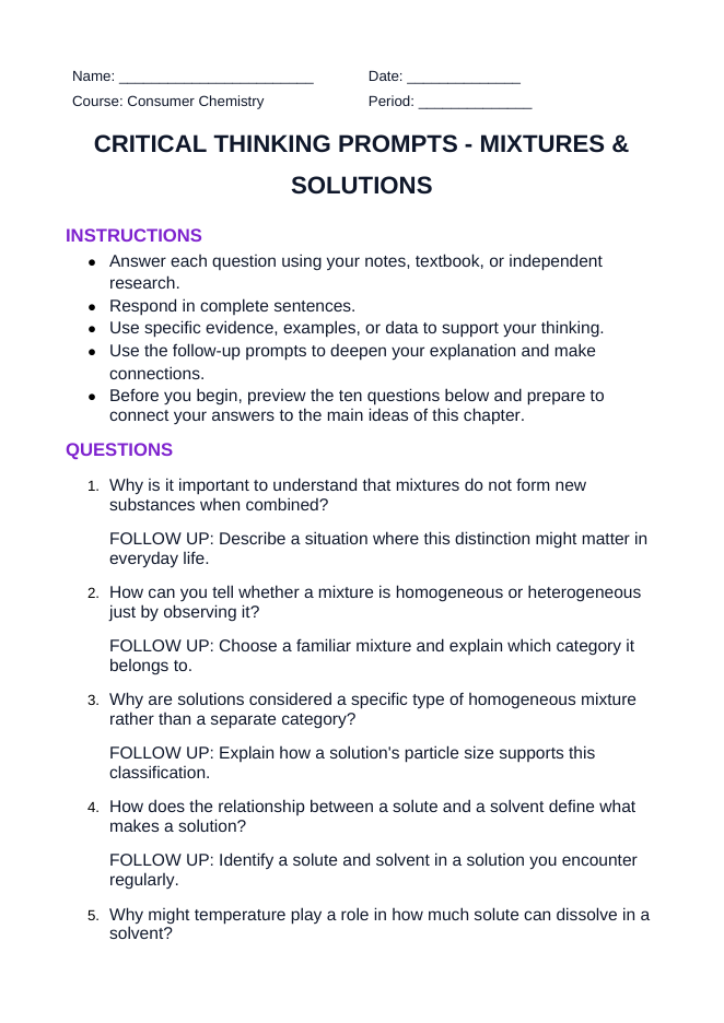 Mixtures & Solutions Critical Thinking Prompts sample page