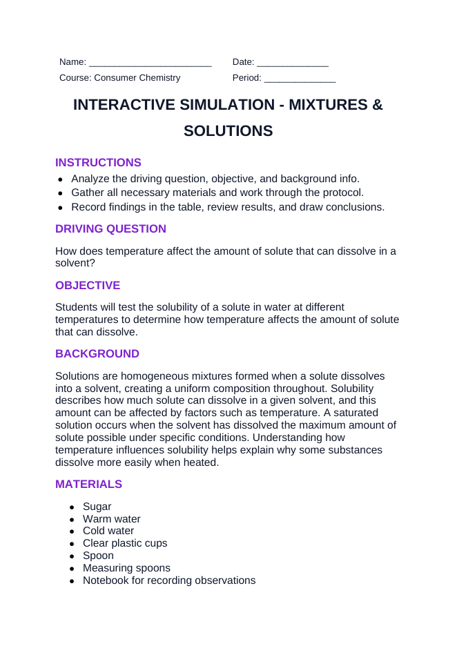 Mixtures & Solutions Interactive Simulation sample page