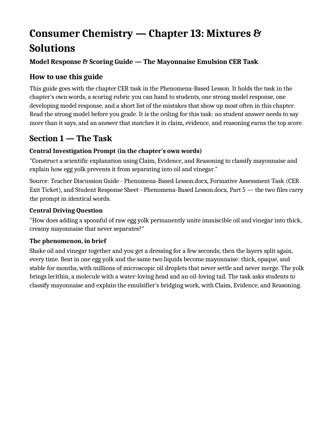Mixtures & Solutions Model Response & Scoring Guide sample page