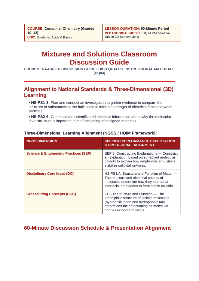 Mixtures & Solutions Phenomena-Based Lesson: Creamy Immiscible Oil and Vinegar Permanent Emulsification by Egg Yolk Lecithin Teacher Discussion Guide sample page