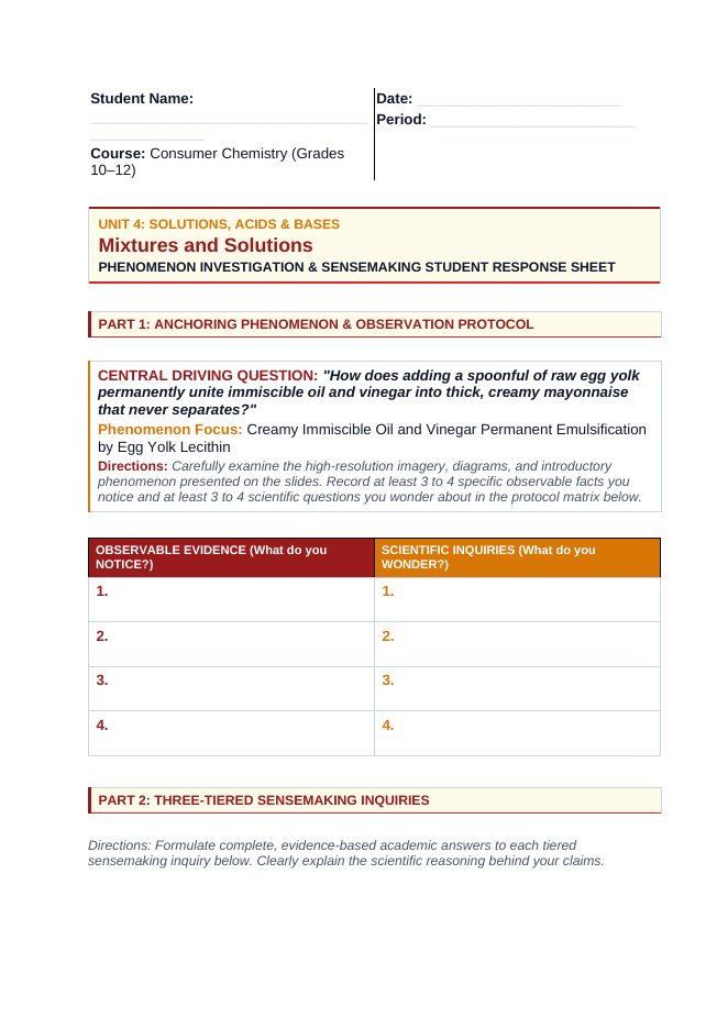 Mixtures & Solutions Phenomena-Based Lesson: Creamy Immiscible Oil and Vinegar Permanent Emulsification by Egg Yolk Lecithin Student Response Sheet sample page