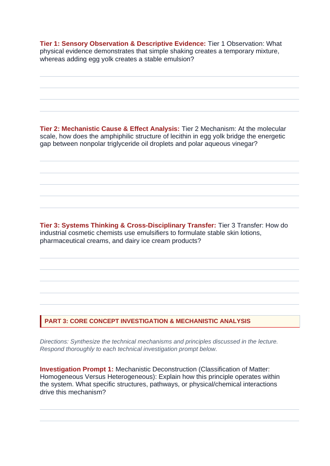Mixtures & Solutions Phenomena-Based Lesson: Creamy Immiscible Oil and Vinegar Permanent Emulsification by Egg Yolk Lecithin Student Response Sheet sample page