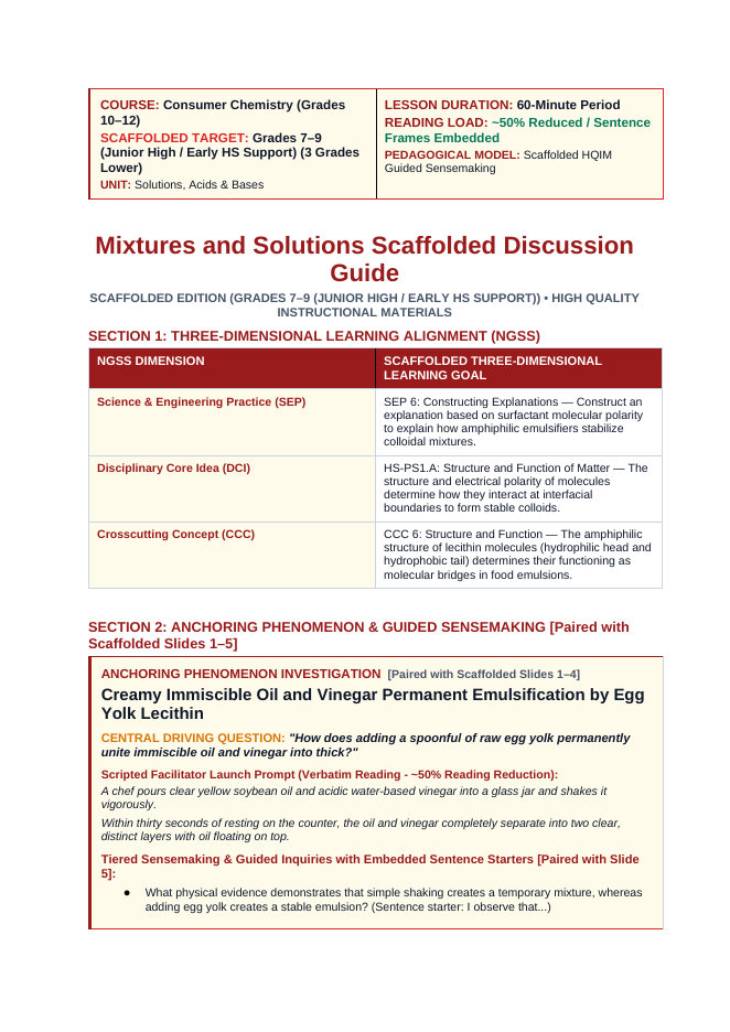 Mixtures & Solutions Scaffolded Phenomena-Based Lesson: Creamy Immiscible Oil and Vinegar Permanent Emulsification by Egg Yolk Lecithin Teacher Discussion Guide sample page