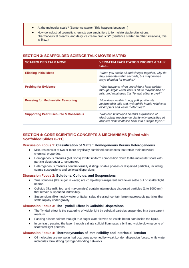 Mixtures & Solutions Scaffolded Phenomena-Based Lesson: Creamy Immiscible Oil and Vinegar Permanent Emulsification by Egg Yolk Lecithin Teacher Discussion Guide sample page