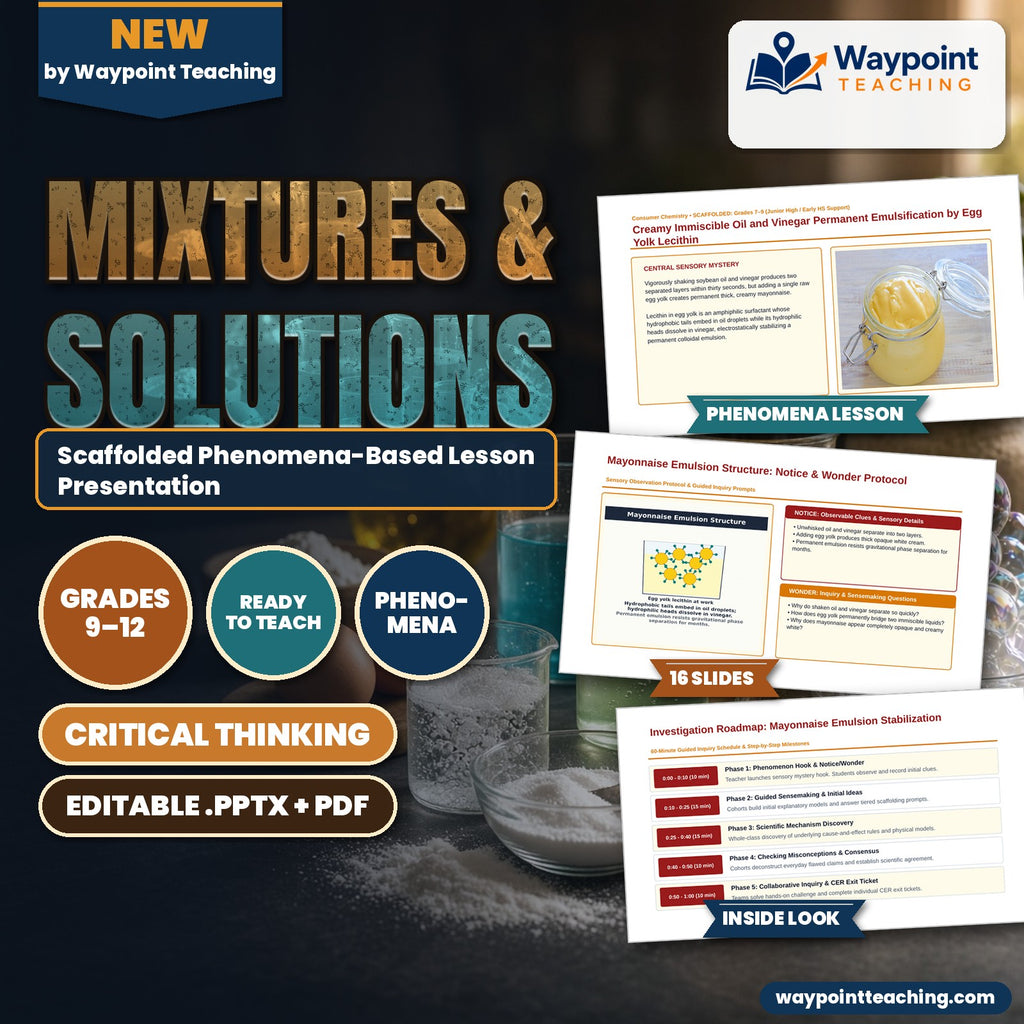Mixtures & Solutions Scaffolded Phenomena-Based Lesson: Creamy Immiscible Oil and Vinegar Permanent Emulsification by Egg Yolk Lecithin Presentation cover