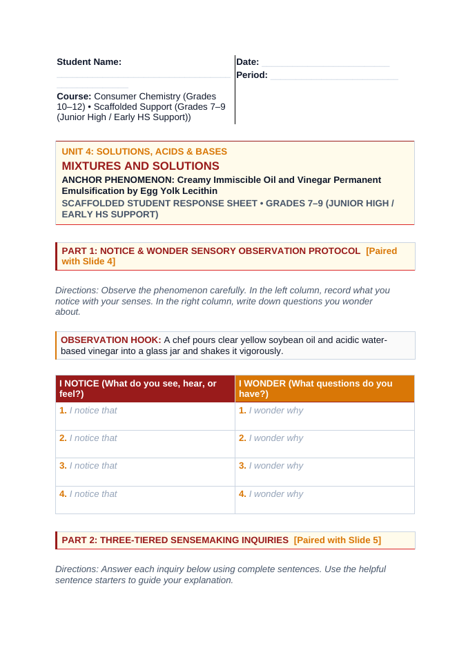 Mixtures & Solutions Scaffolded Phenomena-Based Lesson: Creamy Immiscible Oil and Vinegar Permanent Emulsification by Egg Yolk Lecithin Student Response Sheet sample page