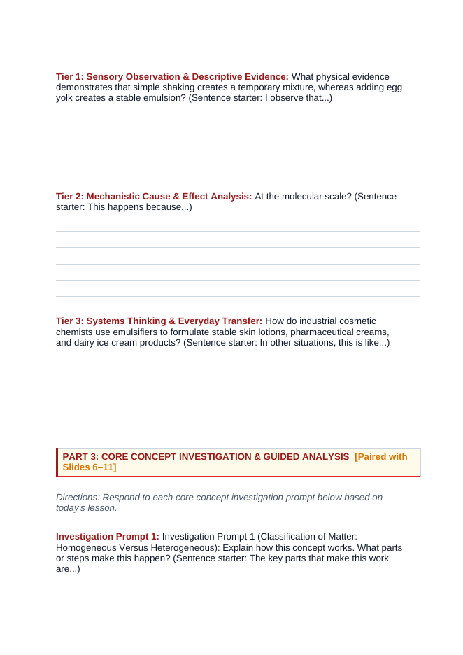Mixtures & Solutions Scaffolded Phenomena-Based Lesson: Creamy Immiscible Oil and Vinegar Permanent Emulsification by Egg Yolk Lecithin Student Response Sheet sample page