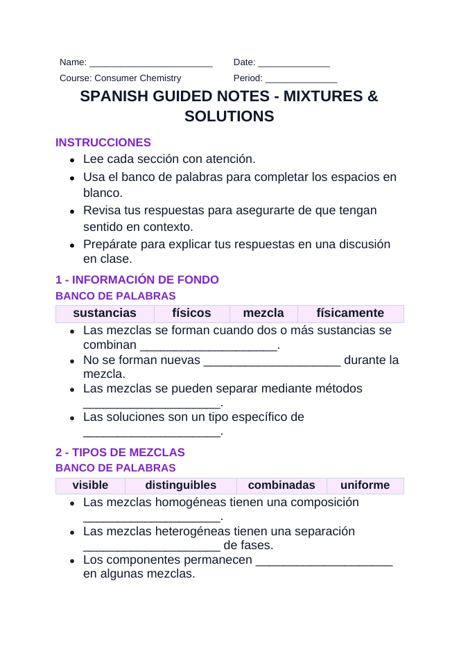 Mixtures & Solutions Spanish Guided Notes sample page