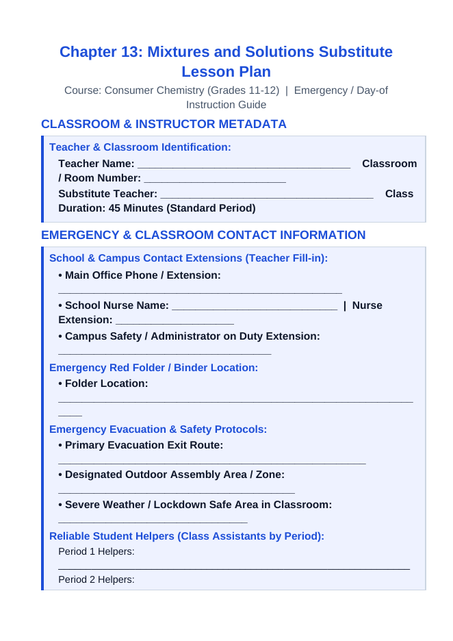 Mixtures & Solutions Substitute Lesson Plan sample page