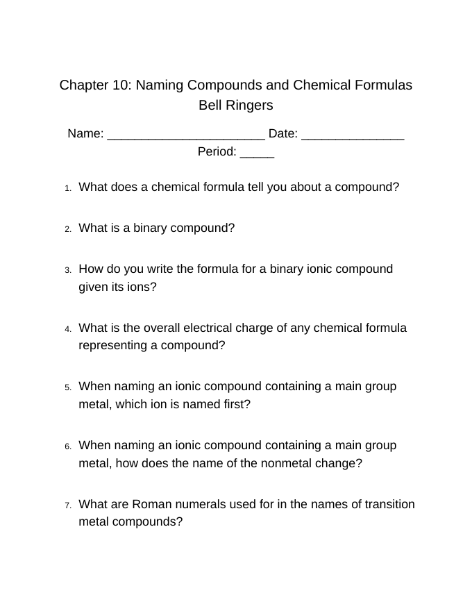 Naming Compounds & Chemical Formulas Bell Ringers & Exit Tickets sample page