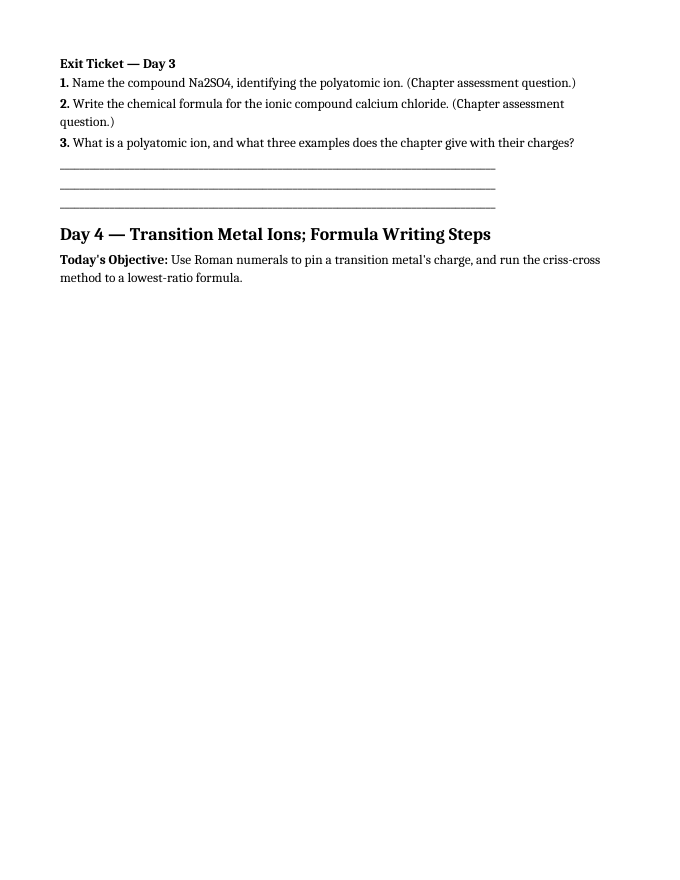 Naming Compounds & Chemical Formulas Bell Ringers & Exit Tickets sample page