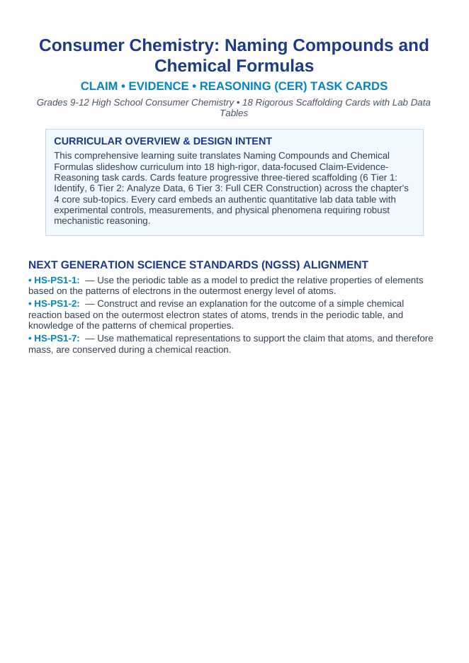 Naming Compounds & Chemical Formulas CER Task Cards sample page