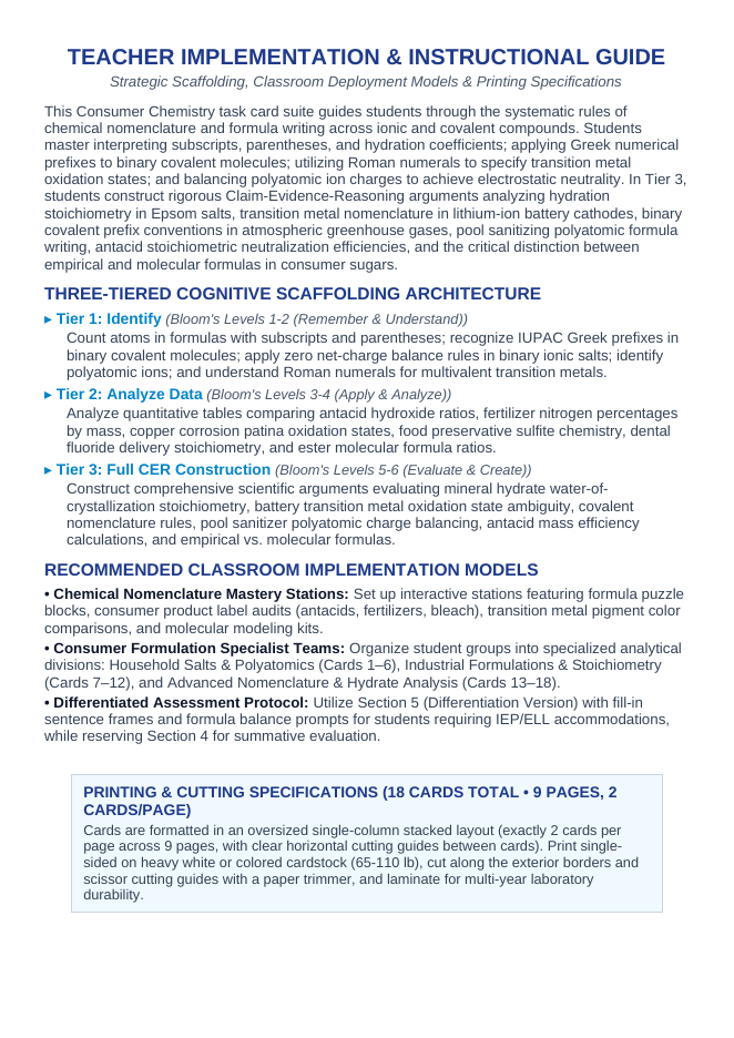 Naming Compounds & Chemical Formulas CER Task Cards sample page