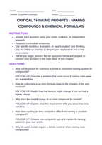 Naming Compounds & Chemical Formulas Critical Thinking Prompts sample page