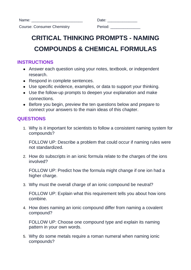 Naming Compounds & Chemical Formulas Critical Thinking Prompts sample page