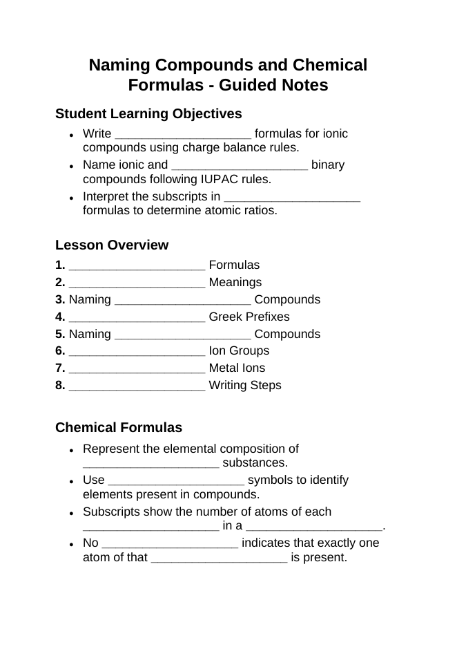 Naming Compounds & Chemical Formulas Guided Notes sample page