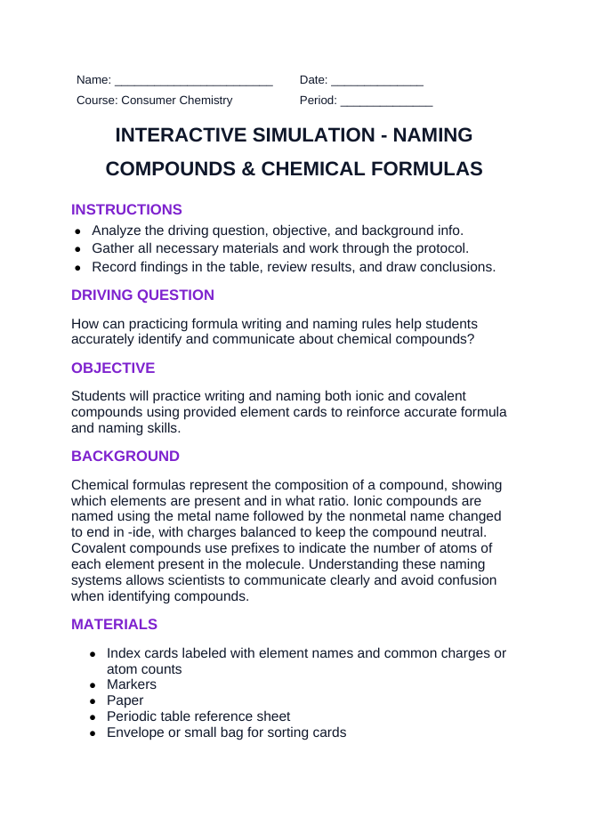 Naming Compounds & Chemical Formulas Interactive Simulation sample page
