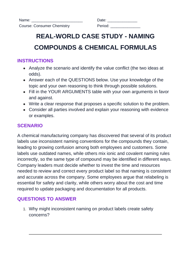 Naming Compounds & Chemical Formulas Real-World Case Study sample page