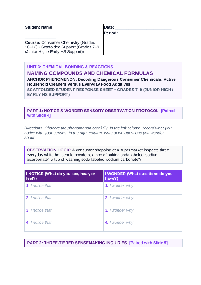 Naming Compounds & Chemical Formulas Scaffolded Phenomena-Based Lesson: Decoding Dangerous Consumer Chemicals: Active Household Cleaners Versus Everyday Food Additives Student Response Sheet sample page