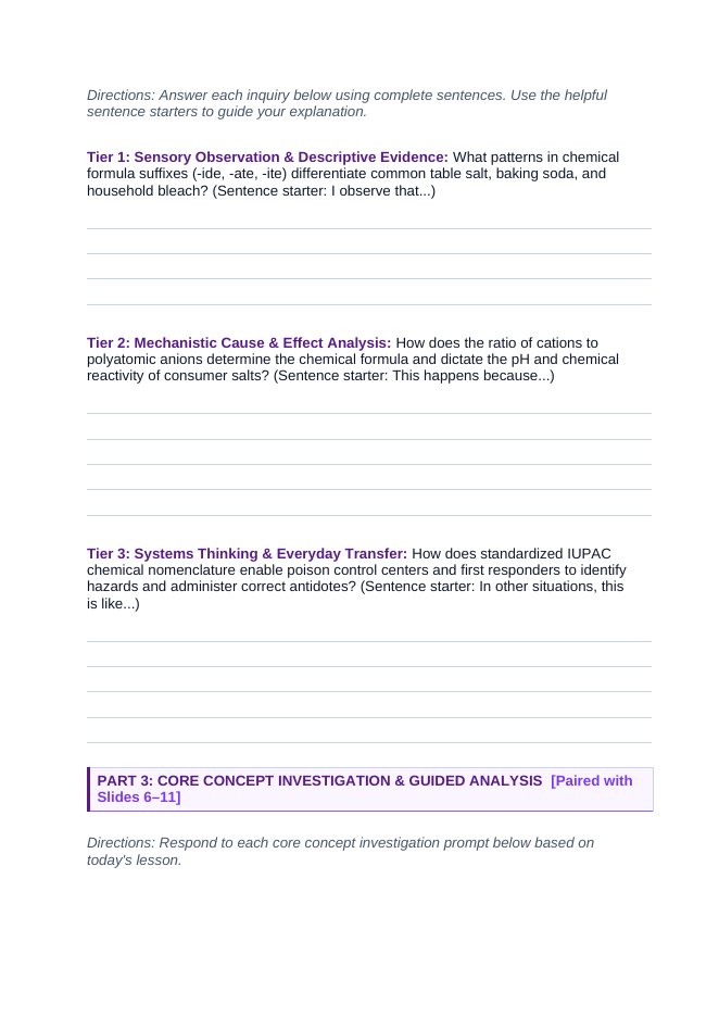 Naming Compounds & Chemical Formulas Scaffolded Phenomena-Based Lesson: Decoding Dangerous Consumer Chemicals: Active Household Cleaners Versus Everyday Food Additives Student Response Sheet sample page